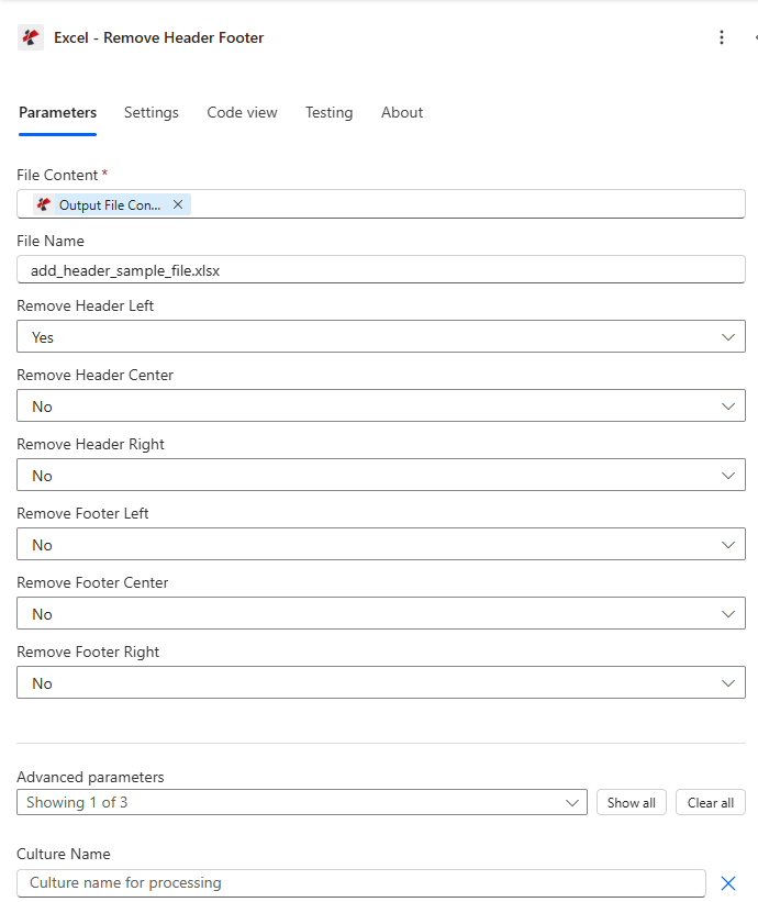 Clicca per ingrandire Azione Power Automate PDF4me Rimuovi Intestazione e Piè di pagina configurata con Contenuto file mappato, Nome file add_header_sample_file.xlsx, Rimuovi Intestazione sinistra impostato su Sì, Rimuovi Intestazione centrale, Rimuovi Intestazione destra, Rimuovi Piè di pagina sinistra, Rimuovi Piè di pagina centrale e Rimuovi Piè di pagina destra tutti impostati su No e Parametri avanzati che mostrano 1 di 3 con Nome cultura visibile